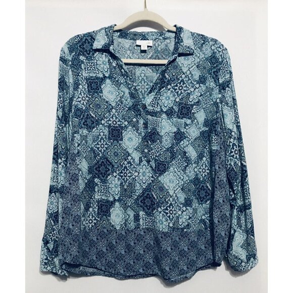 J Jill Pullover Top Womens Petite Medium Blue Patchwork Print Boho 90s - Picture 1 of 7